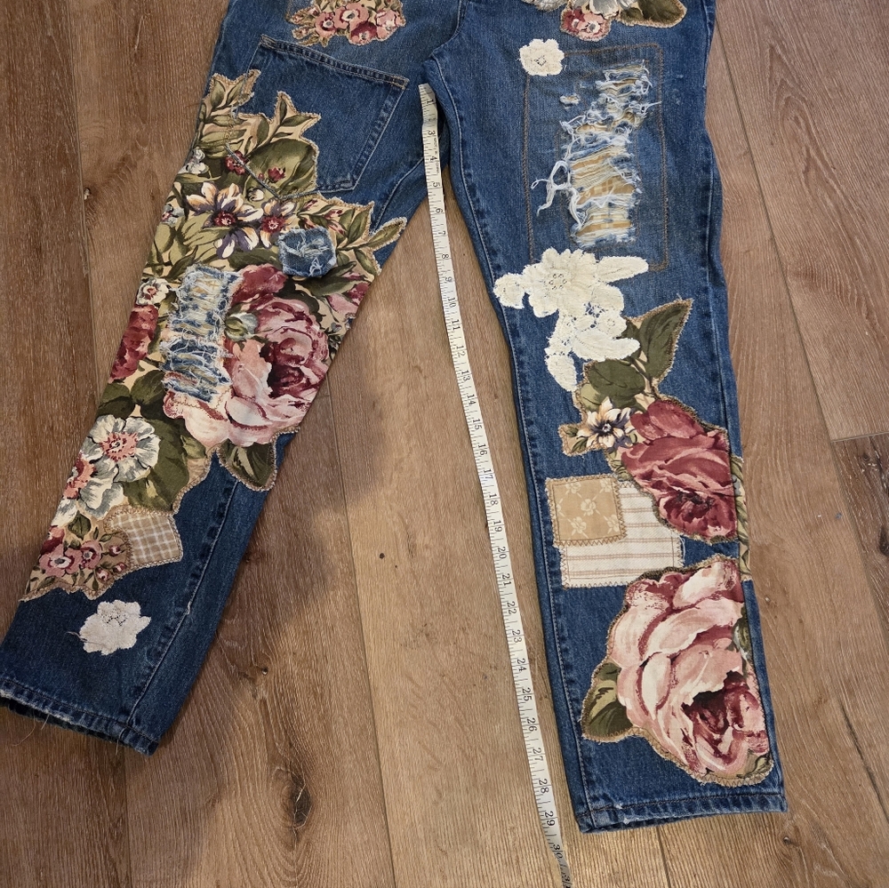 Floral Upcycled Patchwork Dark Denim Overalls By … - image 10